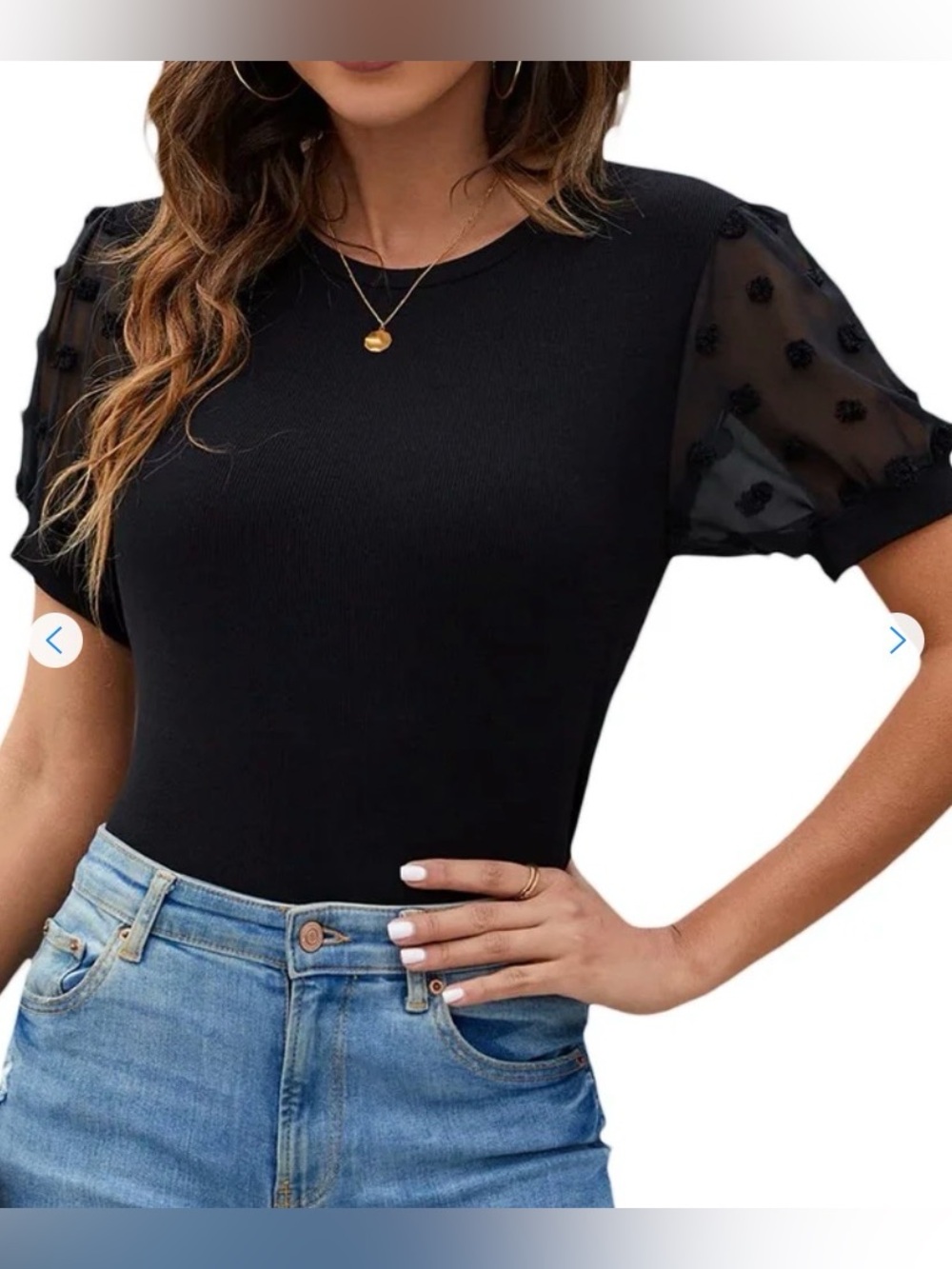 Black Puff Sleeve Embellished Women's Top